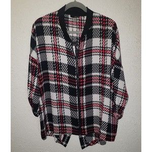 NWT Renuar Sz S Bomber Jacket Shirt Black Red Plaid Top Full Zip Back Slit Hem